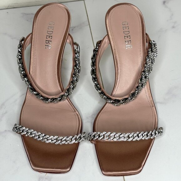 Gedebe Beige Satin LILY Crystal Embellished Chain Kitten Heel Mules Sandals 37.5 - Picture 3 of 9